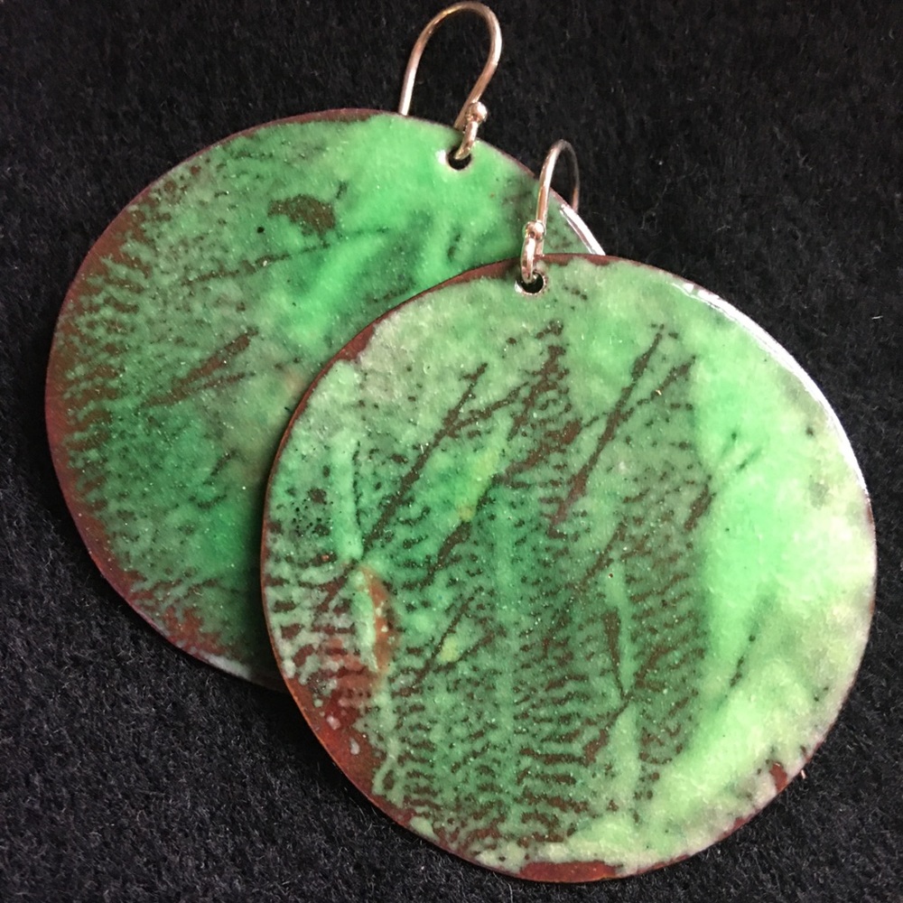 Green hand torched 1 3/4” enameled earrings